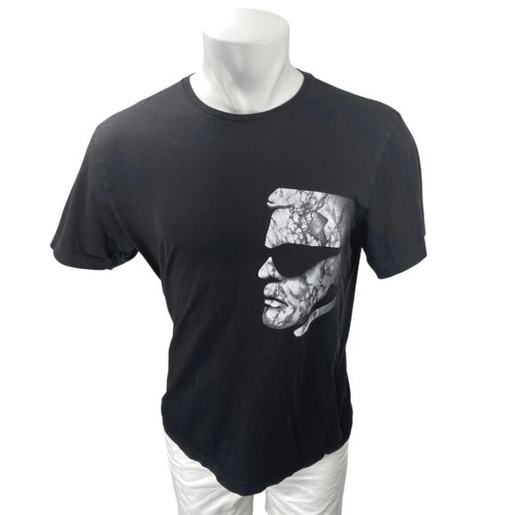Karl Lagerfeld Black Face Print Crewneck Short Sleeve Graphic Tee T-shirt Top L - Picture 1 of 5